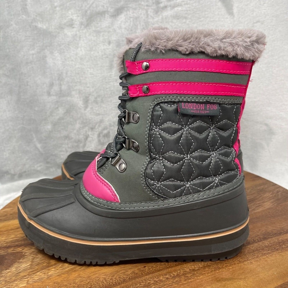 London Fog Snow Boots Girls 3 Pink Gray Faux Fur Sherpa Lined Water Resistant